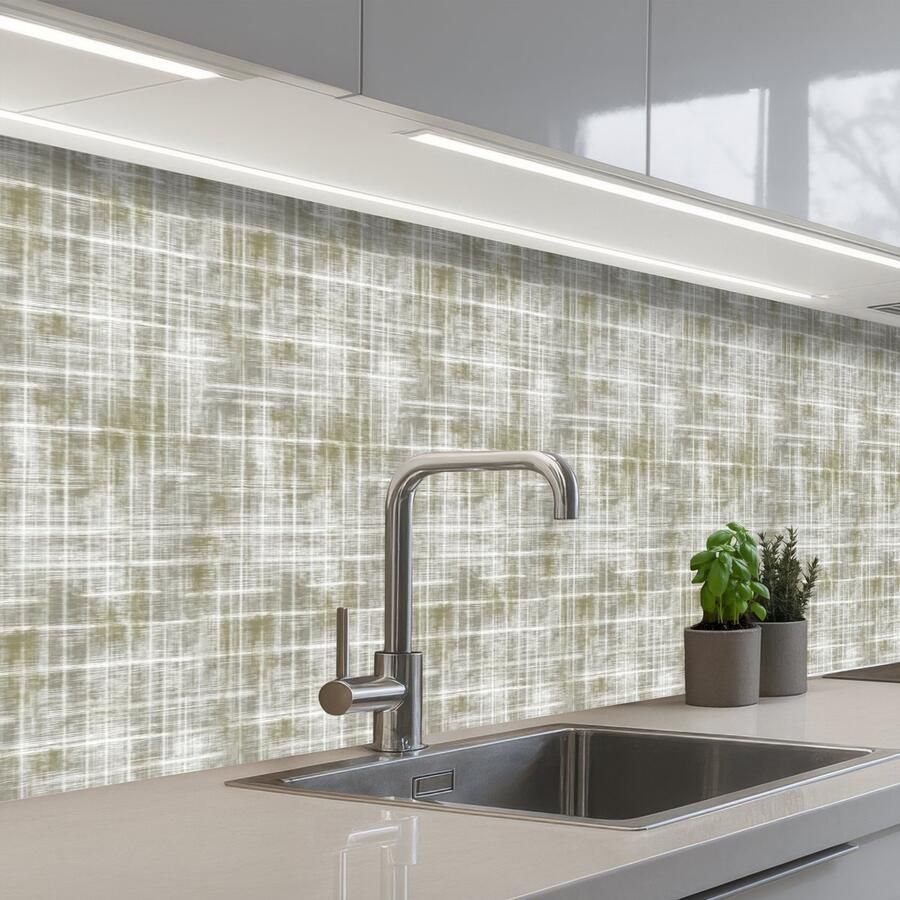 KitchenYeah Keuken achterwand 500x60 cm Spatscherm zelfklevend Linnen Patroon Groen Muurbeschermer Spatwand fornuis