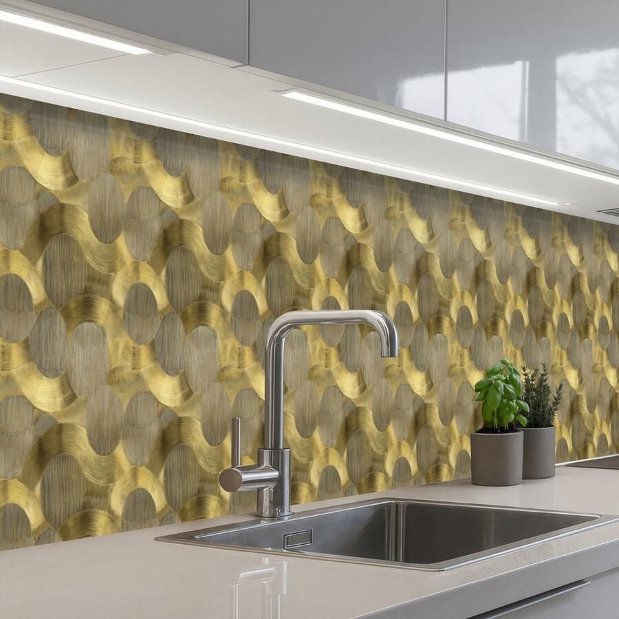 KitchenYeah Keuken achterwand 500x60 cm Spatscherm zelfklevend Modern Geometrisch Goud Muurbeschermer Spatwand fornuis