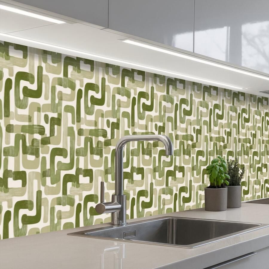 KitchenYeah Keuken achterwand 500x60 cm Spatscherm zelfklevend Modern Grafisch Groen Muurbeschermer Spatwand fornuis