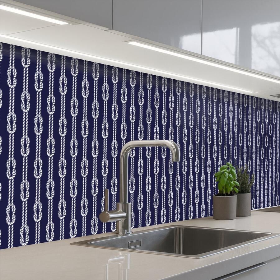 KitchenYeah Keuken achterwand 500x60 cm Spatscherm zelfklevend Oceaan Touw Blauw Wit Muurbeschermer Spatwand fornuis