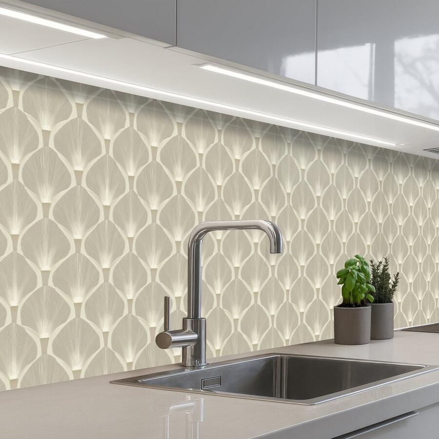 KitchenYeah Keuken achterwand 500x60 cm Spatscherm zelfklevend Paneel Ginkgo Zand Muurbeschermer Spatwand fornuis