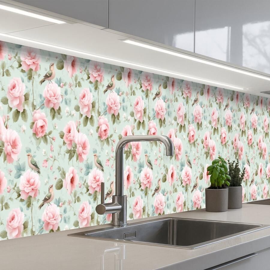 KitchenYeah Keuken achterwand 500x60 cm Spatscherm zelfklevend Rozen Vogels Pastel Kleurrijk Muurbeschermer Spatwand fornuis