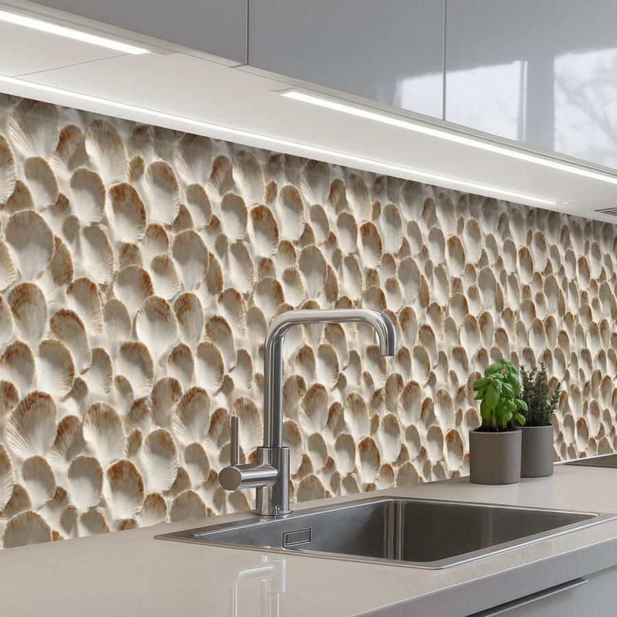 KitchenYeah Keuken achterwand 500x60 cm Spatscherm zelfklevend Schelpen Waaiervorm Wit Muurbeschermer Spatwand fornuis