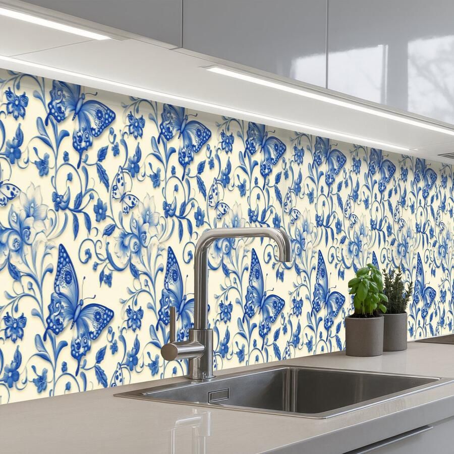 KitchenYeah Keuken achterwand 500x60 cm Spatscherm zelfklevend Vlinders Bloemen Blauw Botanisch Muurbeschermer Spatwand fornuis