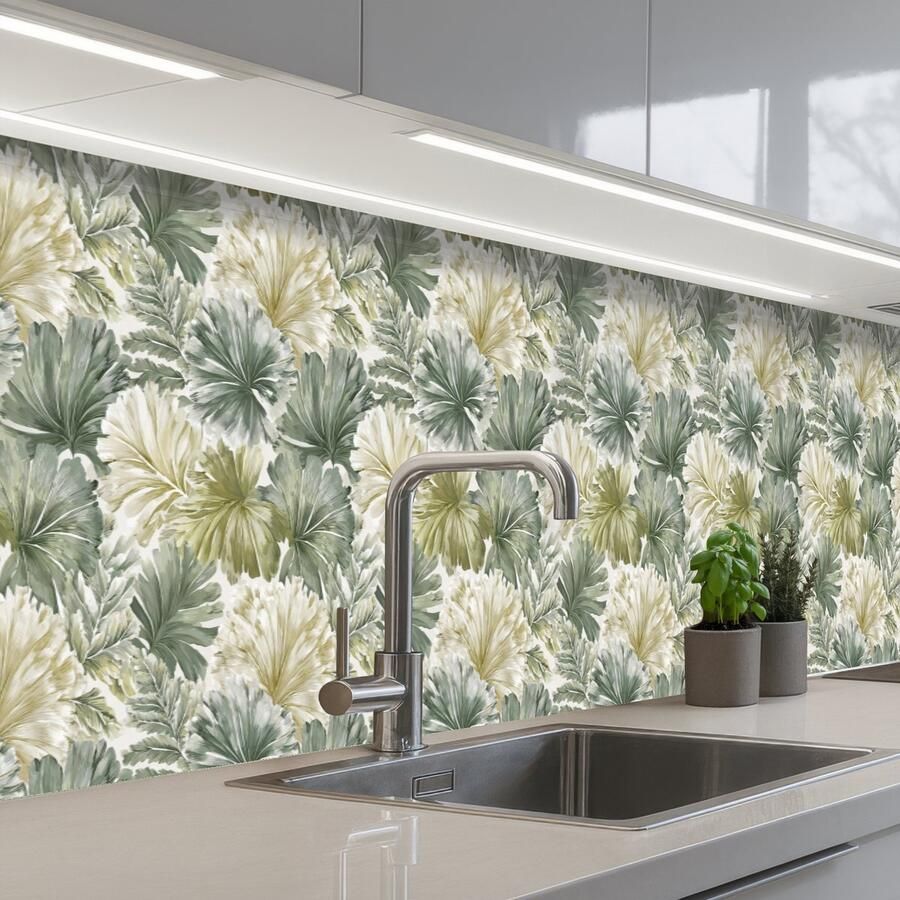 KitchenYeah Keuken achterwand 500x80 cm Spatscherm zelfklevend Bladeren Botanisch Groen Muurbeschermer Spatwand fornuis