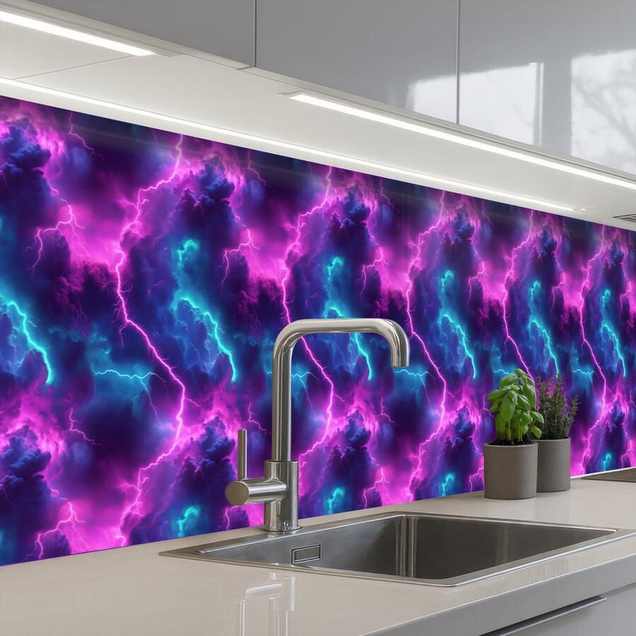 KitchenYeah Keuken achterwand 500x80 cm Spatscherm zelfklevend Elektrisch Neon Lucht Muurbeschermer Spatwand fornuis
