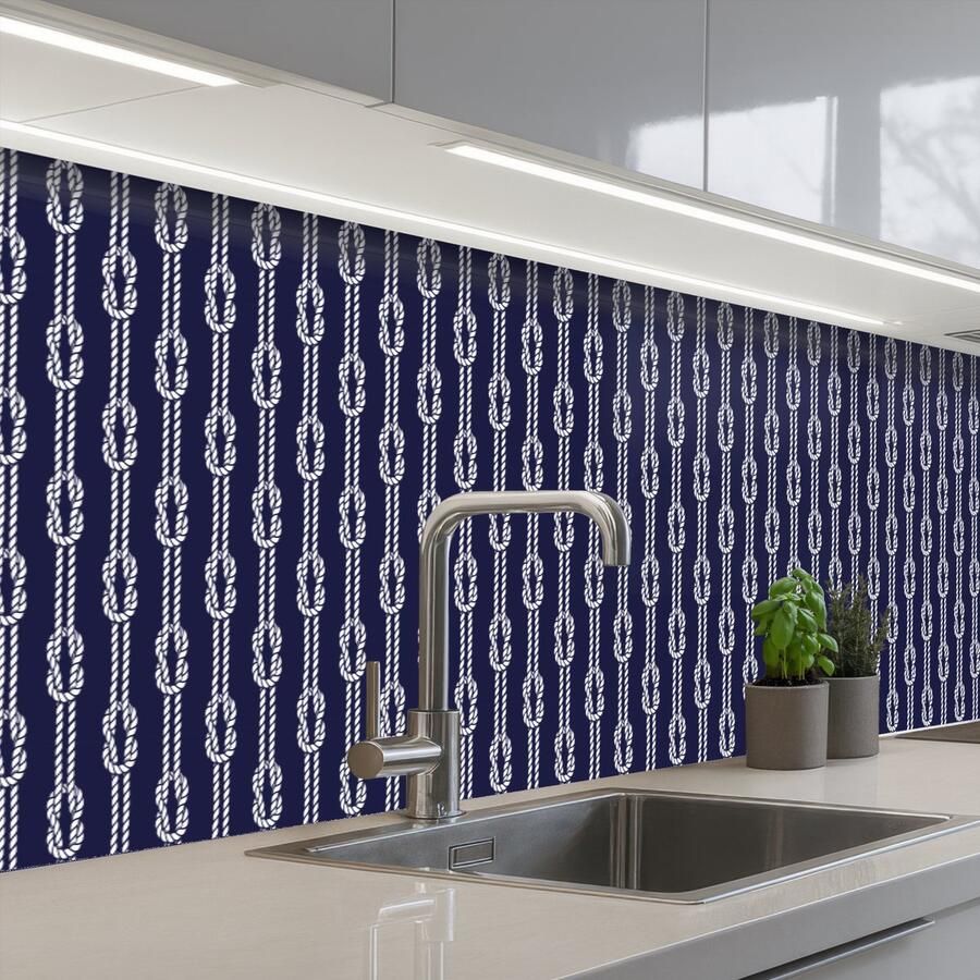 KitchenYeah Keuken achterwand 500x80 cm Spatscherm zelfklevend Oceaan Touw Blauw Wit Muurbeschermer Spatwand fornuis