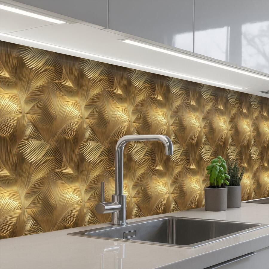 KitchenYeah Keuken achterwand 500x80 cm Spatscherm zelfklevend Palm Waaier Goud Muurbeschermer Spatwand fornuis