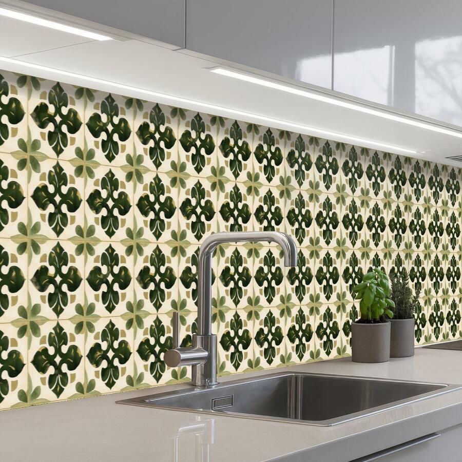 KitchenYeah Keuken achterwand 500x80 cm Spatscherm zelfklevend Patroon Tegel Groen Muurbeschermer Spatwand fornuis