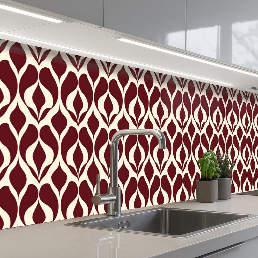 KitchenYeah Keuken achterwand 500x80 cm Spatscherm zelfklevend Rood Druppelpatroon Grafisch Muurbeschermer Spatwand fornuis