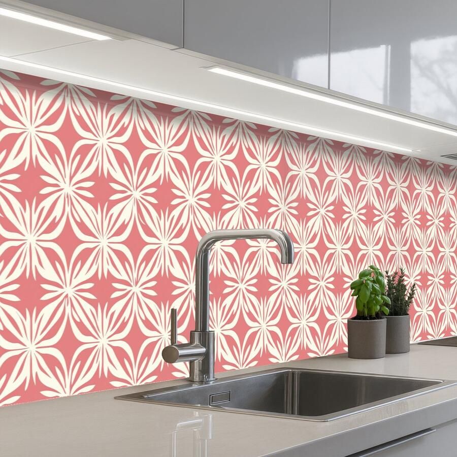 KitchenYeah Keuken achterwand 500x80 cm Spatscherm zelfklevend Roze Bloemenmotief Wit Modern Muurbeschermer Spatwand fornuis