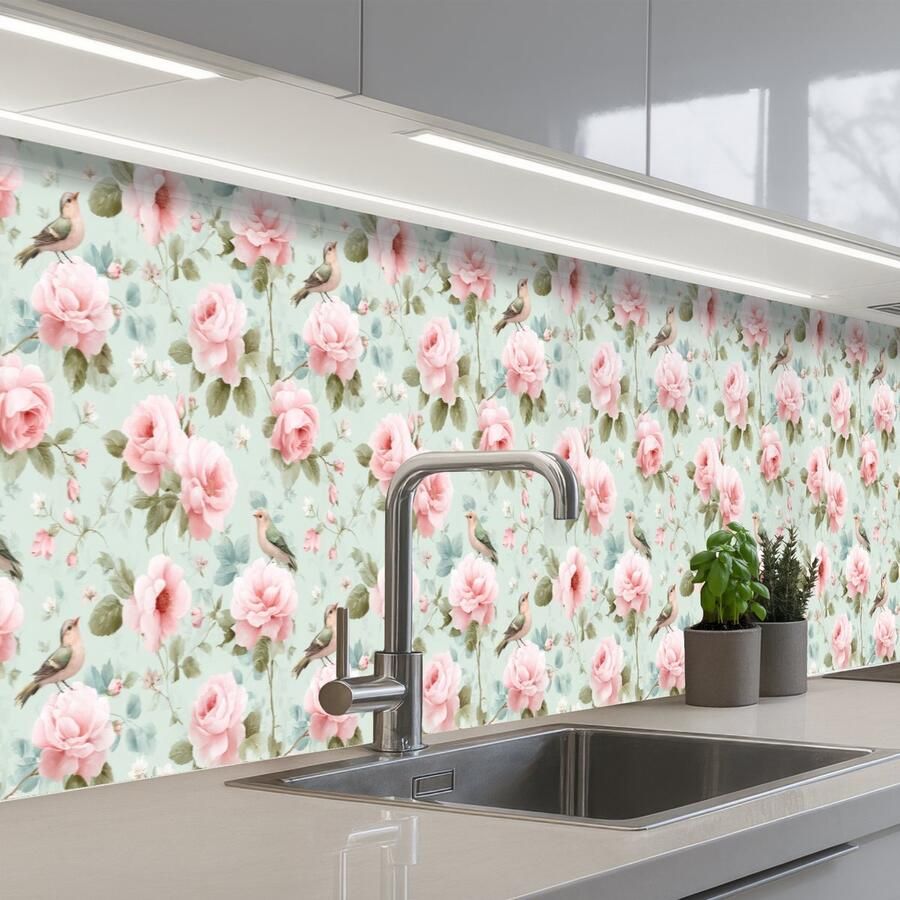 KitchenYeah Keuken achterwand 500x80 cm Spatscherm zelfklevend Rozen Vogels Pastel Kleurrijk Muurbeschermer Spatwand fornuis