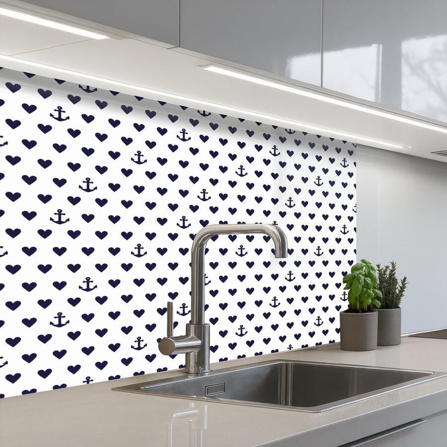 KitchenYeah Keuken achterwand 80x60 cm Spatscherm zelfklevend Anker Hart Blauw Wit Muurbeschermer Spatwand fornuis