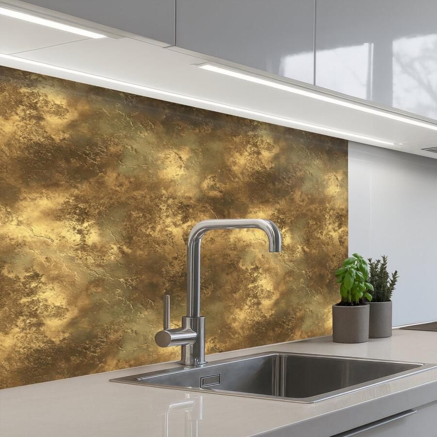 KitchenYeah Keuken achterwand 80x60 cm Spatscherm zelfklevend Antiek Metaallook Goud Muurbeschermer Spatwand fornuis