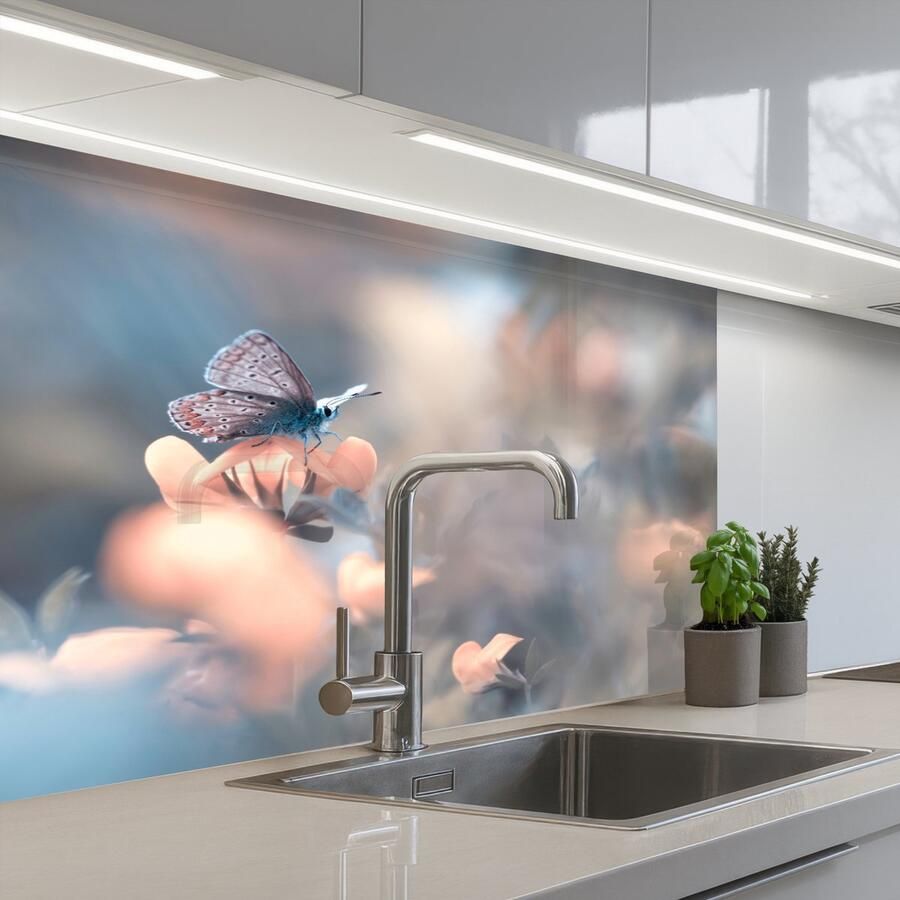KitchenYeah Keuken achterwand 80x60 cm Spatscherm zelfklevend Bloemen Vlinder Natuur Botanisch Muurbeschermer Spatwand fornuis