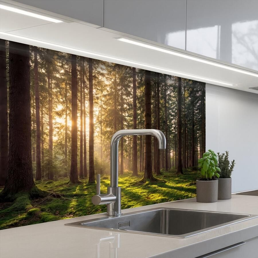 KitchenYeah Keuken achterwand 80x60 cm Spatscherm zelfklevend Bos Gras Zonlicht Muurbeschermer Spatwand fornuis