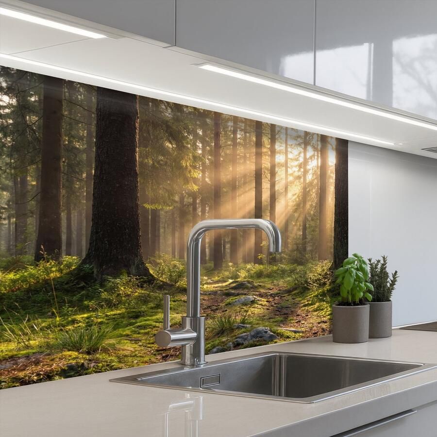 KitchenYeah Keuken achterwand 80x60 cm Spatscherm zelfklevend Bos Zonlicht Gras Muurbeschermer Spatwand fornuis