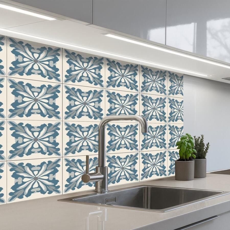 KitchenYeah Keuken achterwand 80x60 cm Spatscherm zelfklevend Dessin Tegel Blauw Muurbeschermer Spatwand fornuis