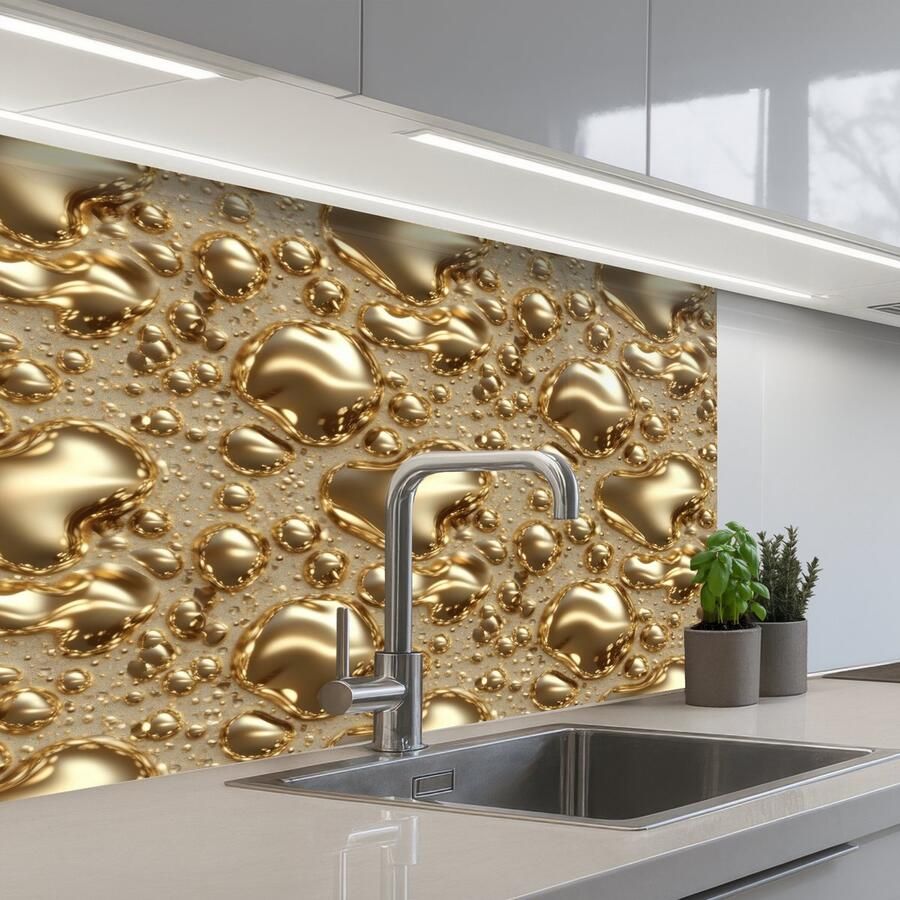 KitchenYeah Keuken achterwand 80x60 cm Spatscherm zelfklevend Druppels Organisch Goud Muurbeschermer Spatwand fornuis