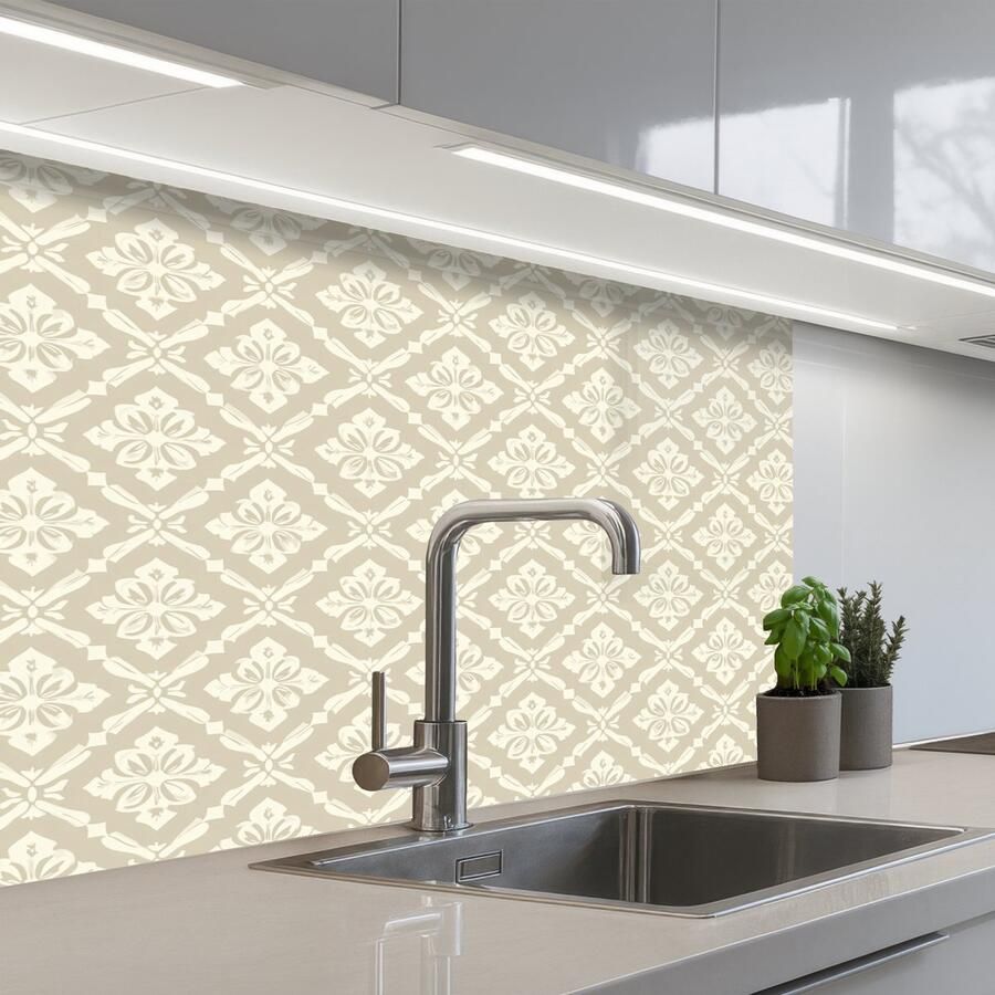 KitchenYeah Keuken achterwand 80x60 cm Spatscherm zelfklevend Floraal Ornament Beige Muurbeschermer Spatwand fornuis