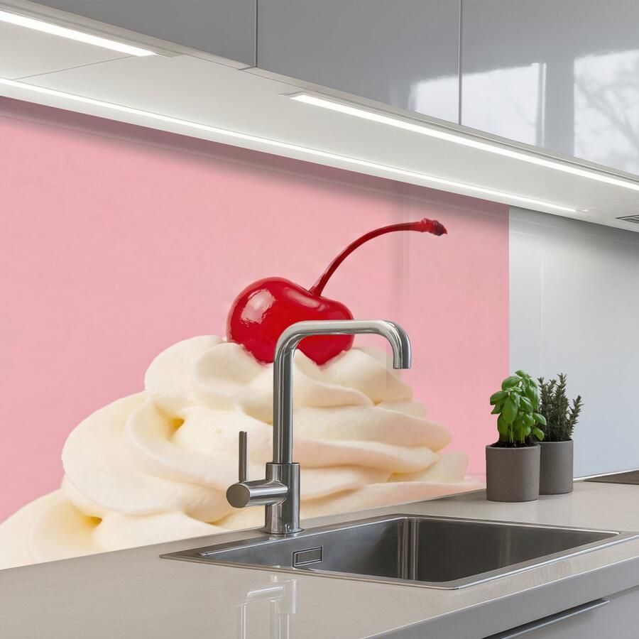 KitchenYeah Keuken achterwand 80x60 cm Spatscherm zelfklevend Kers Slagroom Roze Muurbeschermer Spatwand fornuis
