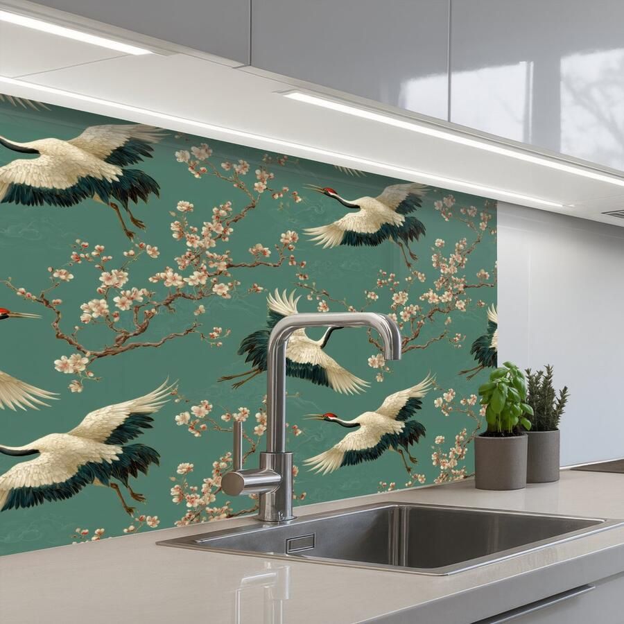 KitchenYeah Keuken achterwand 80x60 cm Spatscherm zelfklevend Kersenbloesem Kraamvogels Groen Muurbeschermer Spatwand fornuis