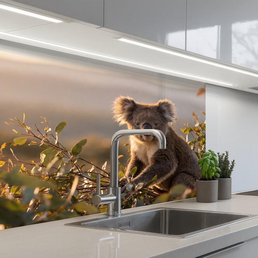KitchenYeah Keuken achterwand 80x60 cm Spatscherm zelfklevend Koala Bladeren Ochtendlicht Muurbeschermer Spatwand fornuis