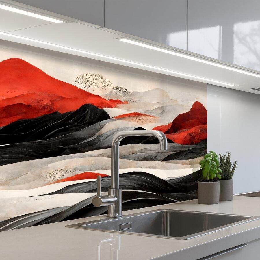 KitchenYeah Keuken achterwand 80x60 cm Spatscherm zelfklevend Kunst Bergen Rood Wit Zwart Muurbeschermer Spatwand fornuis