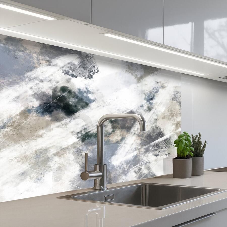 KitchenYeah Keuken achterwand 80x60 cm Spatscherm zelfklevend Kunst Patroon Grijs Wit Muurbeschermer Spatwand fornuis