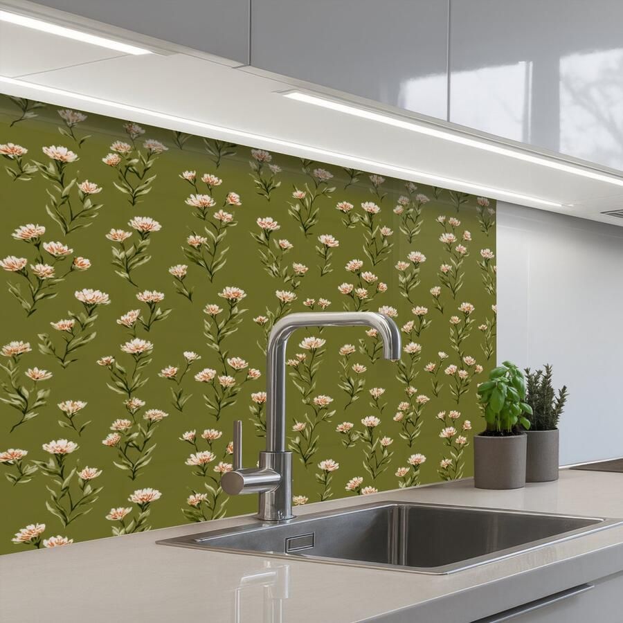KitchenYeah Keuken achterwand 80x60 cm Spatscherm zelfklevend Landelijk Bloemen Groen Muurbeschermer Spatwand fornuis