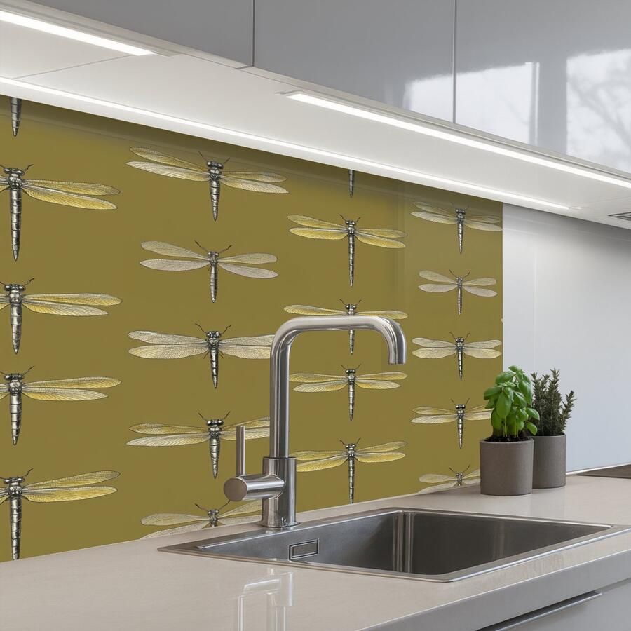 KitchenYeah Keuken achterwand 80x60 cm Spatscherm zelfklevend Libellen Patroon Groen Muurbeschermer Spatwand fornuis