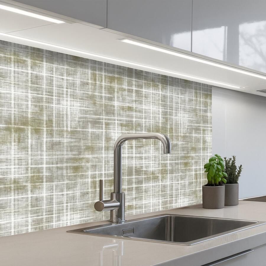 KitchenYeah Keuken achterwand 80x60 cm Spatscherm zelfklevend Linnen Patroon Groen Muurbeschermer Spatwand fornuis