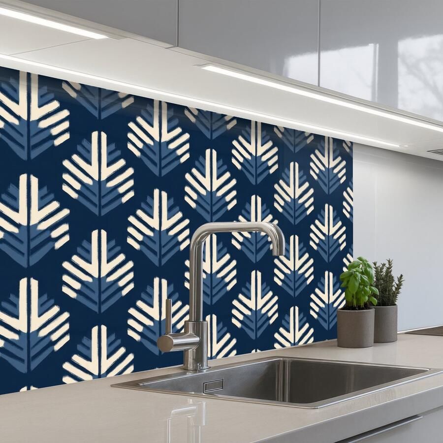 KitchenYeah Keuken achterwand 80x60 cm Spatscherm zelfklevend Modern Patroon Blauw Muurbeschermer Spatwand fornuis