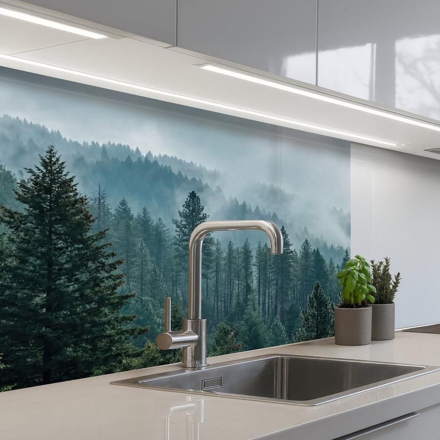 KitchenYeah Keuken achterwand 80x60 cm Spatscherm zelfklevend Naaldwoud Bergen Mist Muurbeschermer Spatwand fornuis