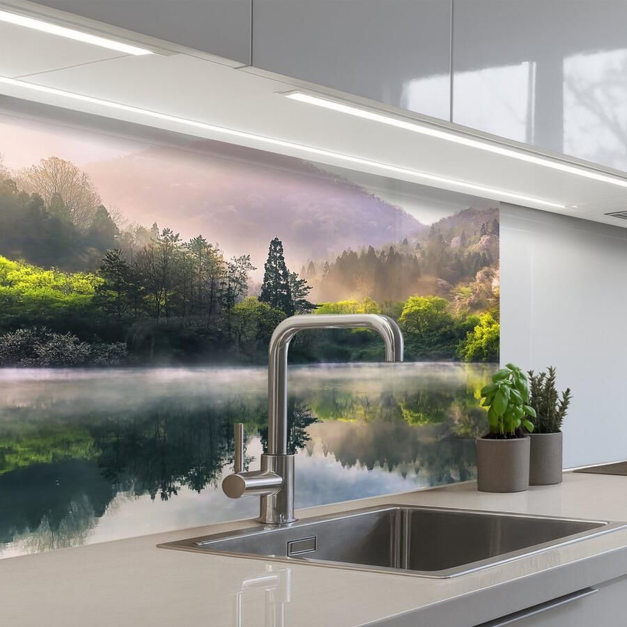 KitchenYeah Keuken achterwand 80x60 cm Spatscherm zelfklevend Natuur Bomen Bergen Meer Water Muurbeschermer Spatwand fornuis