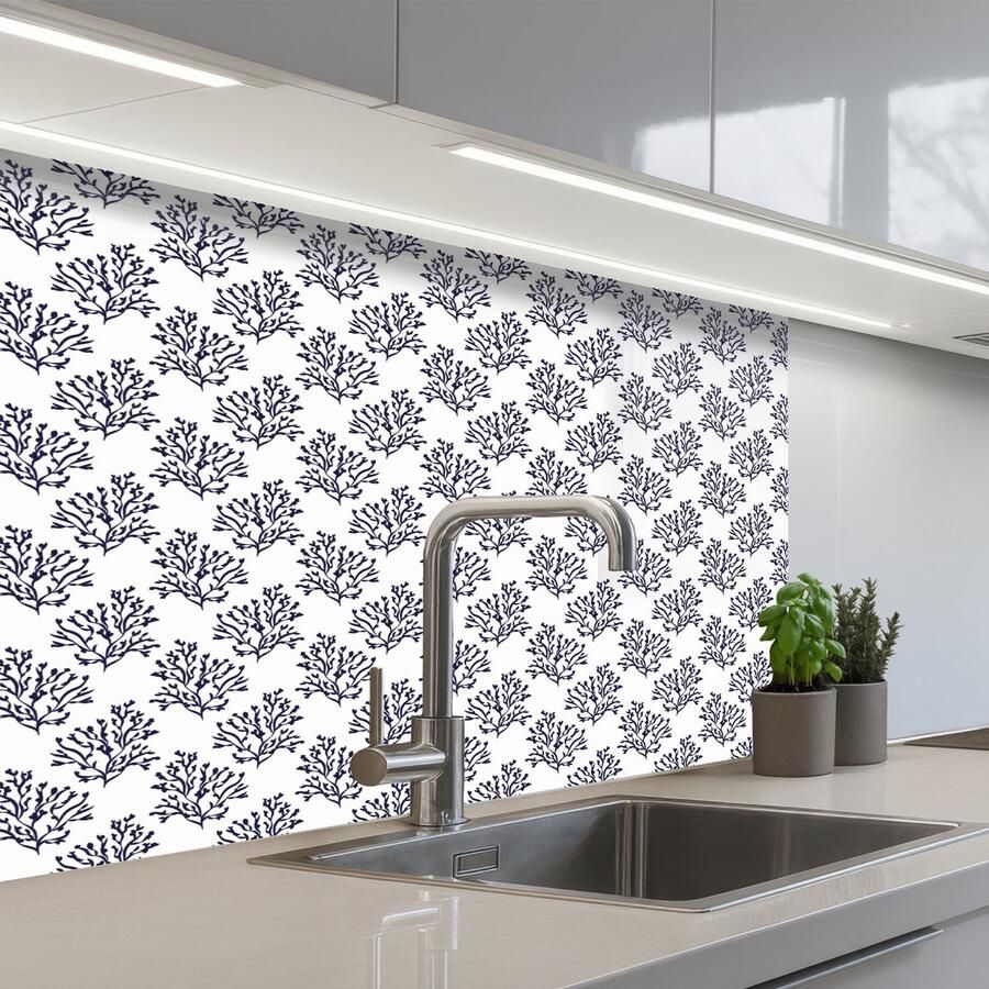 KitchenYeah Keuken achterwand 80x60 cm Spatscherm zelfklevend Oceaan Koraal Blauw Wit Muurbeschermer Spatwand fornuis