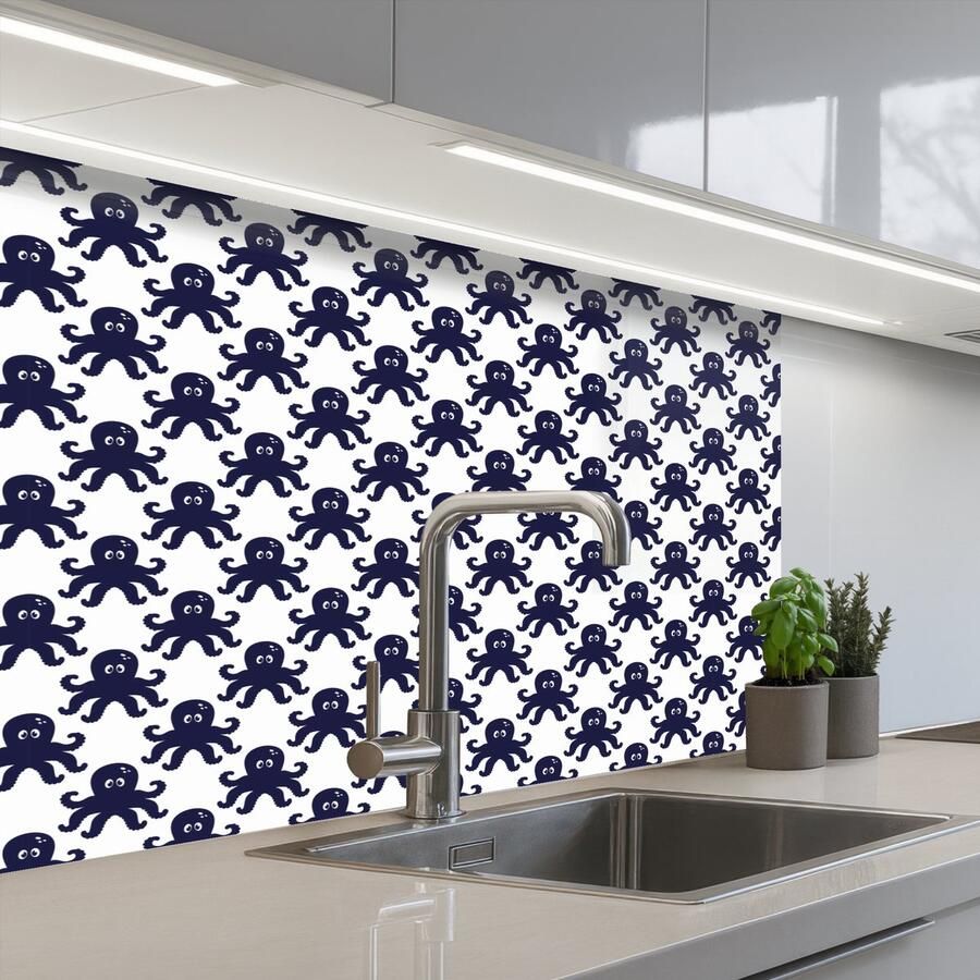 KitchenYeah Keuken achterwand 80x60 cm Spatscherm zelfklevend Oceaan Octo Blauw Wit Muurbeschermer Spatwand fornuis