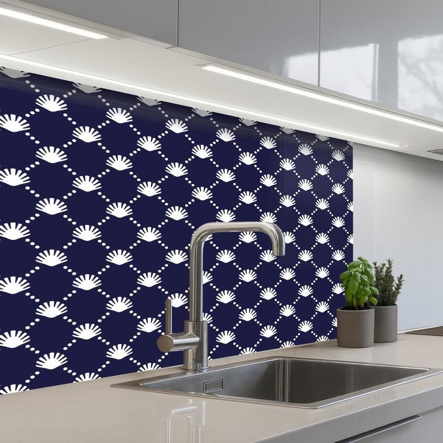 KitchenYeah Keuken achterwand 80x60 cm Spatscherm zelfklevend Oceaan Schelp Blauw Wit Muurbeschermer Spatwand fornuis