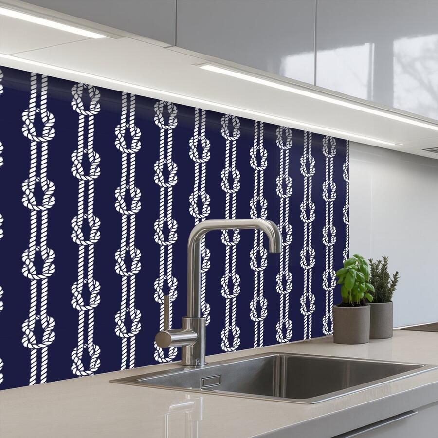 KitchenYeah Keuken achterwand 80x60 cm Spatscherm zelfklevend Oceaan Touw Blauw Wit Muurbeschermer Spatwand fornuis