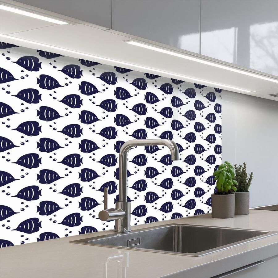 KitchenYeah Keuken achterwand 80x60 cm Spatscherm zelfklevend Oceaan Vis Blauw Wit Muurbeschermer Spatwand fornuis