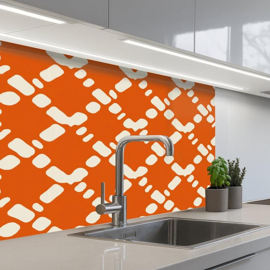 KitchenYeah Keuken achterwand 80x60 cm Spatscherm zelfklevend Oranje Ruitpatroon Wit Muurbeschermer Spatwand fornuis