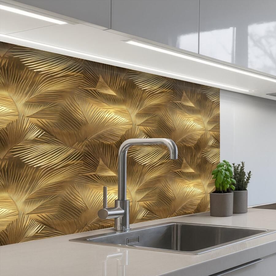 KitchenYeah Keuken achterwand 80x60 cm Spatscherm zelfklevend Palm Waaier Goud Muurbeschermer Spatwand fornuis