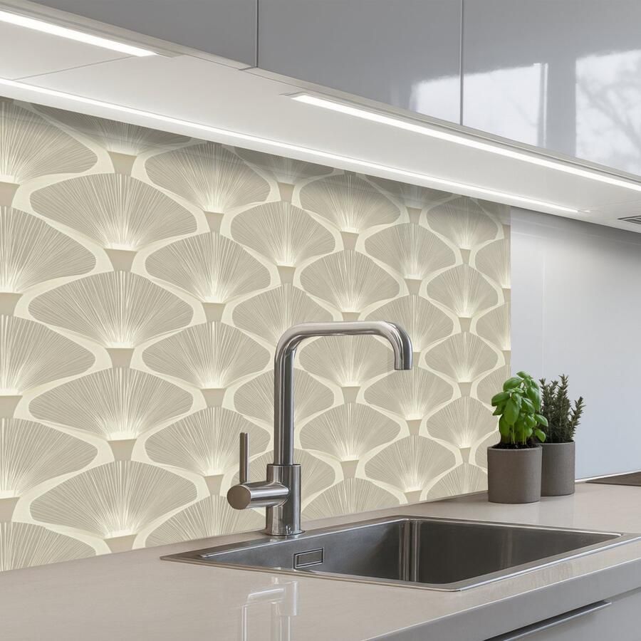 KitchenYeah Keuken achterwand 80x60 cm Spatscherm zelfklevend Paneel Ginkgo Zand Muurbeschermer Spatwand fornuis