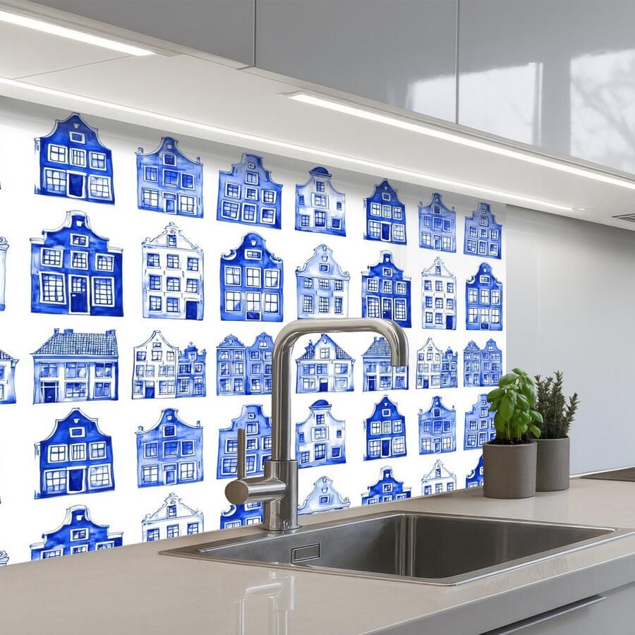KitchenYeah Keuken achterwand 80x60 cm Spatscherm zelfklevend Patroon Huizen Blauw Muurbeschermer Spatwand fornuis