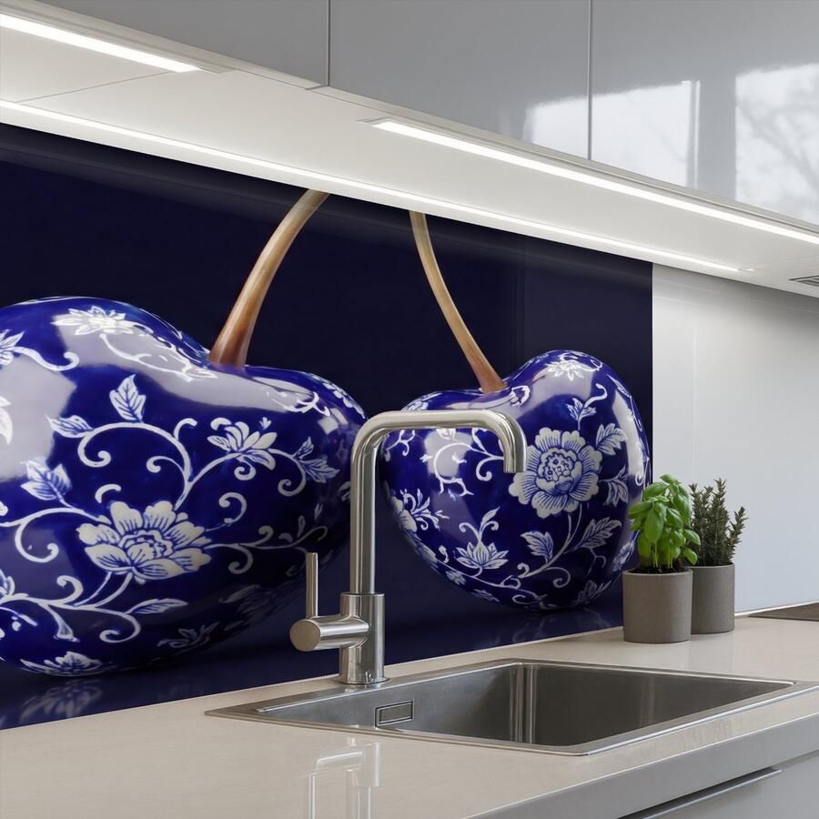 KitchenYeah Keuken achterwand 80x60 cm Spatscherm zelfklevend Porselein- Kersen Delfts Blauw Muurbeschermer Spatwand fornuis