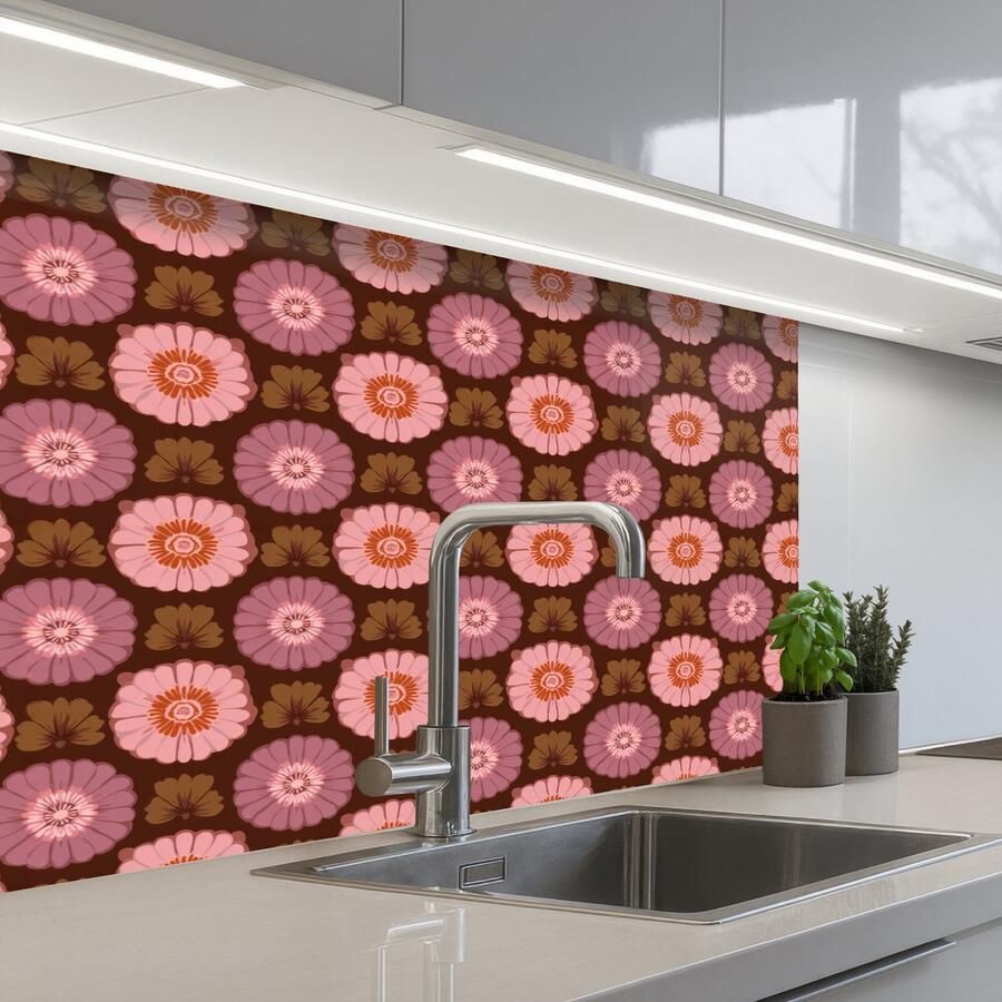 KitchenYeah Keuken achterwand 80x60 cm Spatscherm zelfklevend Retro Madelief Roze Muurbeschermer Spatwand fornuis
