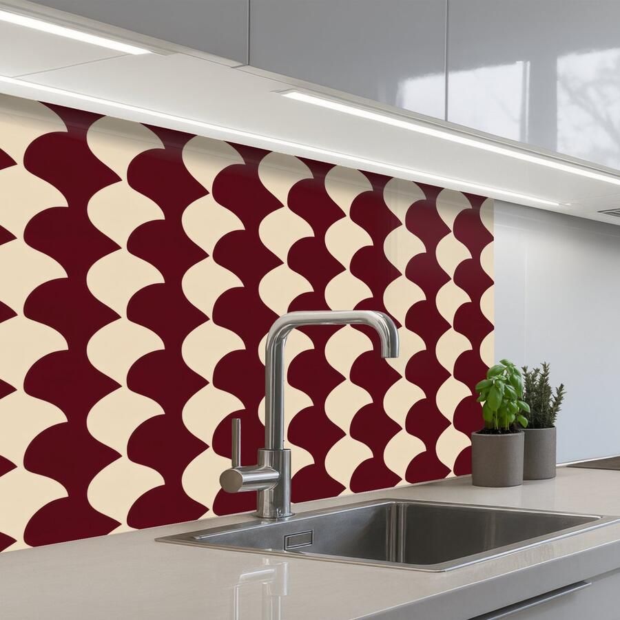 KitchenYeah Keuken achterwand 80x60 cm Spatscherm zelfklevend Rood Tegelpatroon Crème Muurbeschermer Spatwand fornuis