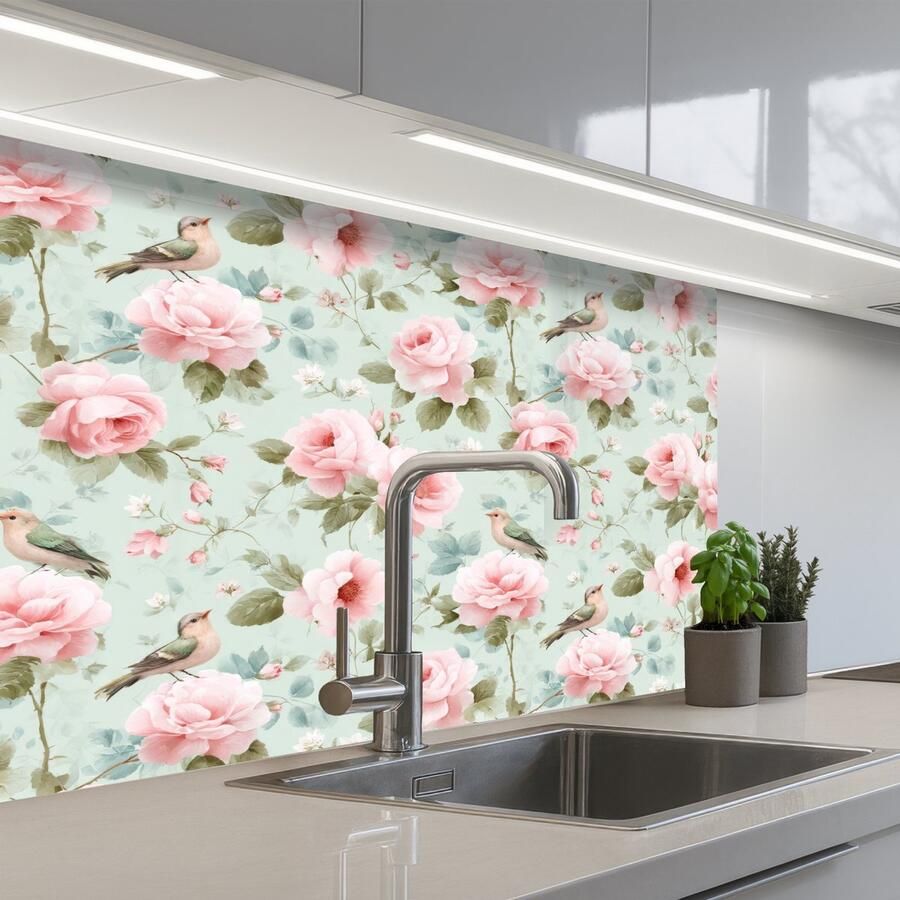 KitchenYeah Keuken achterwand 80x60 cm Spatscherm zelfklevend Rozen Vogels Pastel Kleurrijk Muurbeschermer Spatwand fornuis