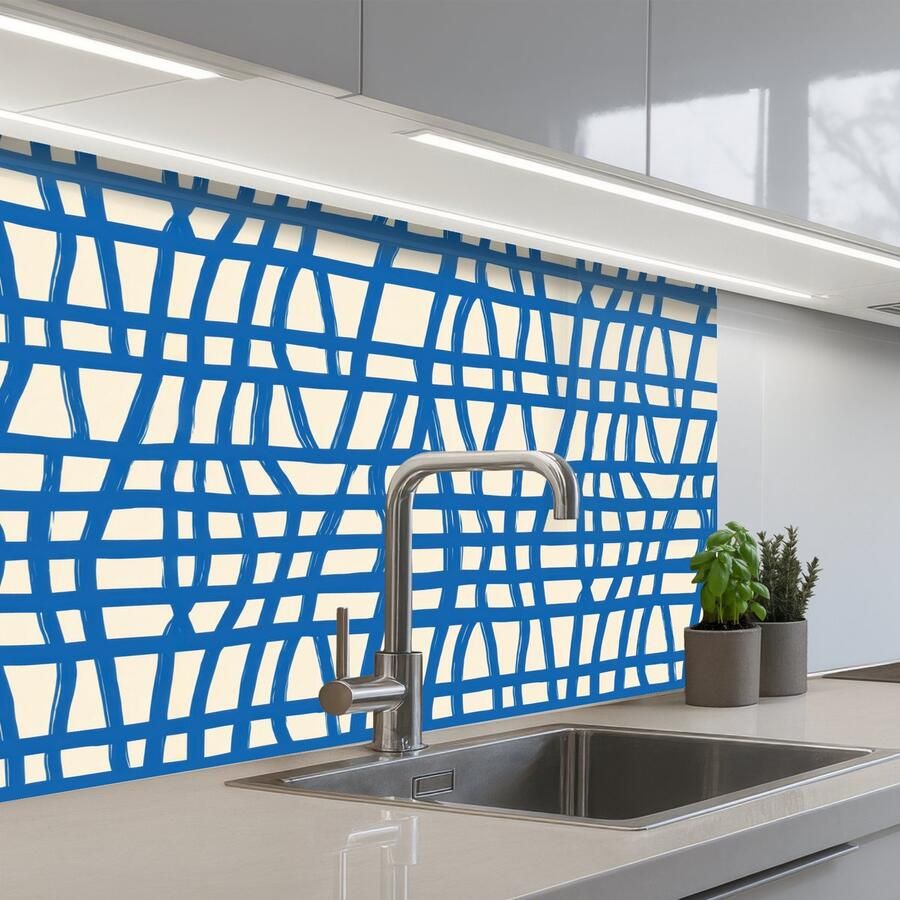 KitchenYeah Keuken achterwand 80x60 cm Spatscherm zelfklevend Ruitpatroon Blauw Crème Muurbeschermer Spatwand fornuis