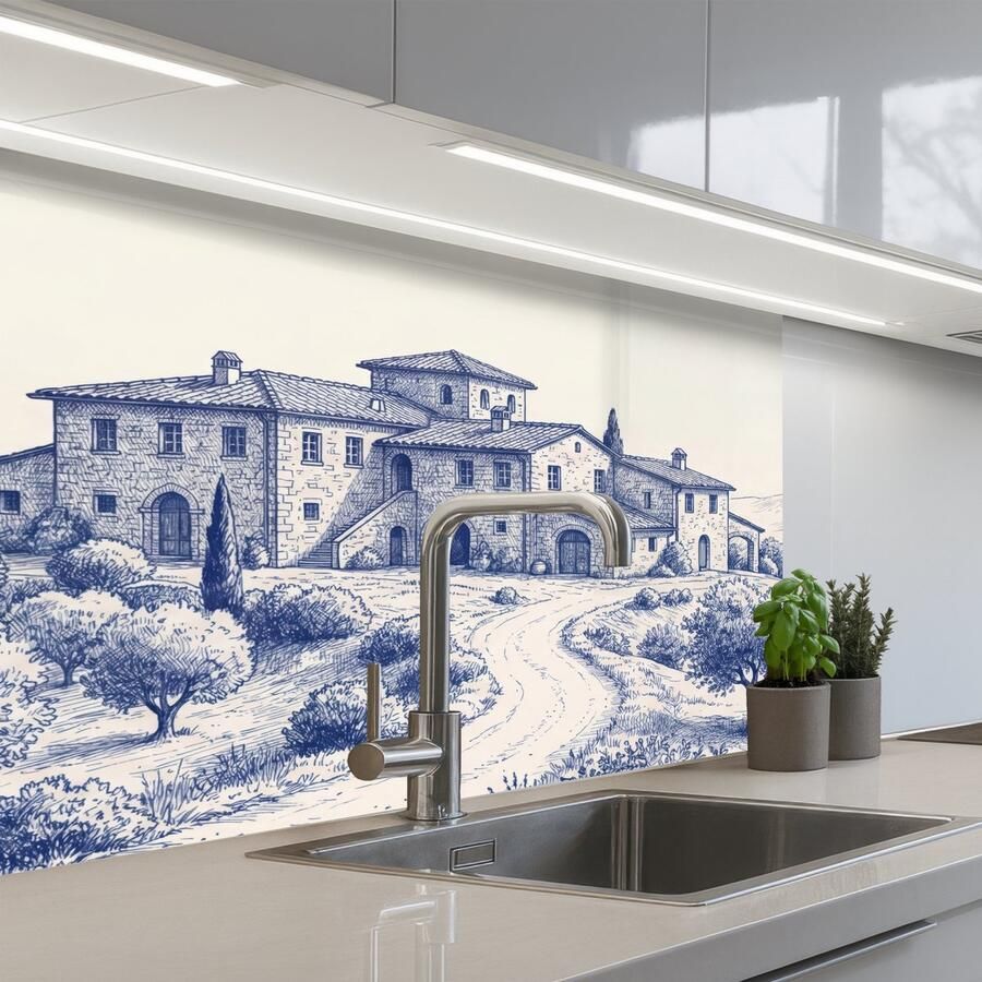 KitchenYeah Keuken achterwand 80x60 cm Spatscherm zelfklevend Rustiek Landgoed Blauw Muurbeschermer Spatwand fornuis